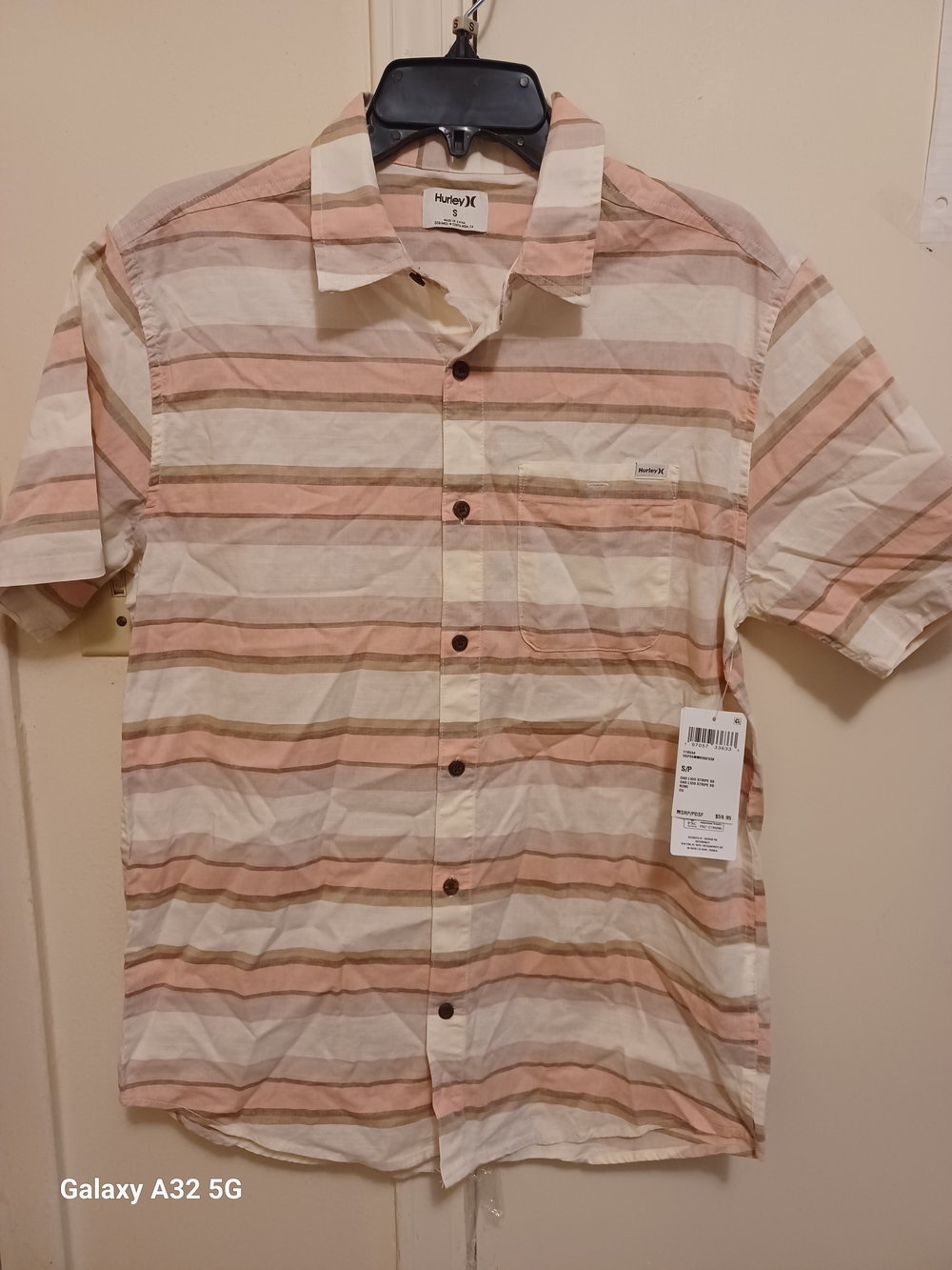 Hurley Men's Short Sleeve Button-Up Shirt - Cream, Pink & Tan Stripes